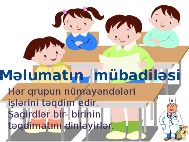 Məlumatın mübadiləsi Hər qrupun nümayəndələri işlərini təqdim edir. Şagirdlər bir- birinin təqdimatını dinləyirlər.