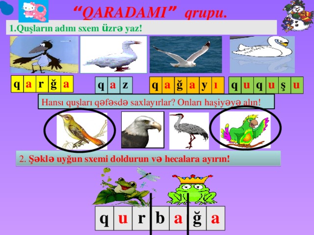 “ QARADAMI ” qrupu. 1.Quşların adını sxem ü zrə yaz! q a r ğ a q a z q q u a ğ q a u y ş u ı Hansı quşları qəfəsdə saxlayırlar? Onları haşiyəyə alın! 2. Şəklə uyğun sxemi doldurun və hecalara ayırın! q u r b a ğ a