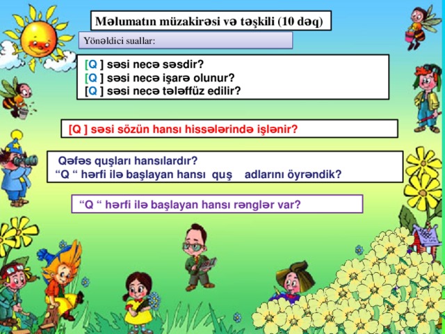 Məlumatın müzakirəsi və təşkili (10 dəq) Yönəldici suallar:  [ Q  ] səsi necə səsdir?  [ Q  ] səsi necə işarə olunur?  [ Q ] səsi necə tələffüz edilir?  [Q ] səsi sözün hansı hissələrində işlənir?  Qəfəs quşları hansılardır? “ Q “ hərfi ilə başlayan hansı quş adlarını öyrəndik? “ Q “ hərfi ilə başlayan hansı rənglər var? IV mərhələ: Məlumatın müzakirəsi və təşkili (10 dəq).  Qrupların hazırladıqları təqdimatlar arasındakı əlaqələri üzə çıxarmaq üçün yönəldici suallar verilir.