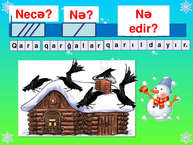 Necə? Nə edir? Nə? . q a r ı l d a y ı r. Q a r a q a r ğ a l a r Kitabda verilmiş cümlə üzərində təhlil aparılır. Əşyanın adını, əlamətini, hərəkətini bildirən sözlər və onların sualları haqqında biliklər möhkəmlənir.