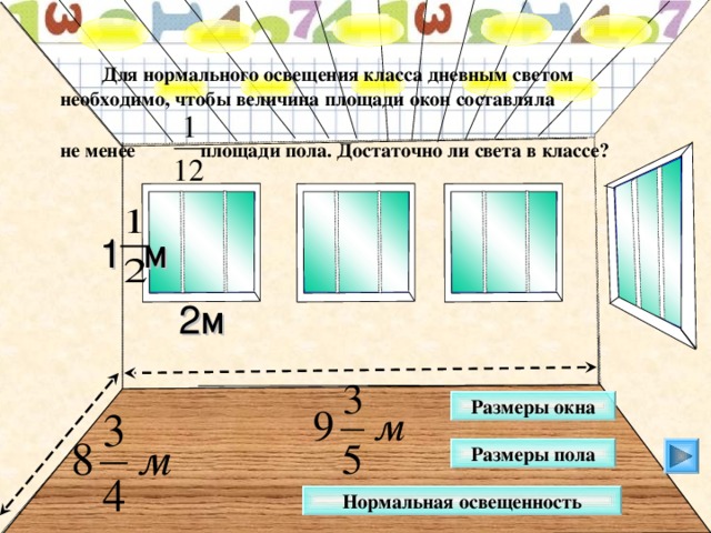 3м   Для нормального освещения класса дневным светом необходимо, чтобы величина площади окон составляла  не менее площади пола. Достаточно ли света в классе?  1 м 2м Математика 5 класс (часть 2). Г.В. Дорофеев, Л.Г. Петерсон. № 513. Размеры окна Размеры пола Нормальная освещенность