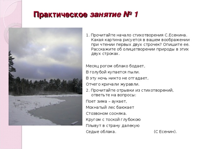 Практическое занятие № 1   1. Прочитайте начало стихотворения С.Есенина. Какая картина рисуется в вашем воображении при чтении первых двух строчек? Опишите ее. Расскажите об олицетворении природы в этих двух строках.   Месяц рогом облако бодает, В голубой купается пыли. В эту ночь никто не отгадает, Отчего кричали журавли. 2. Прочитайте отрывки из стихотворений, ответьте на вопросы: Поет зима – аукает, Мохнатый лес баюкает Стозвоном сосняка. Кругом с тоской глубокою Плывут в страну далекую Седые облака. (С Есенин).