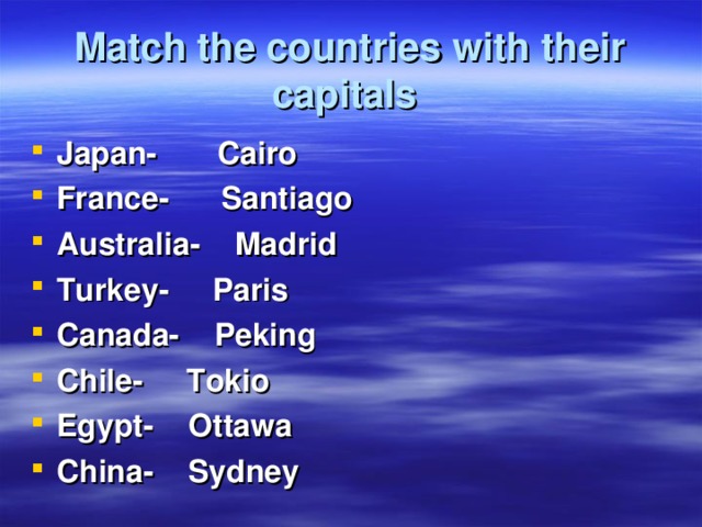 Match the countries with their capitals