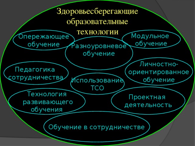 Здоровьесберегающие образовательные технологии Опережающее обучение Модульное обучение Разноуровневое обучение Личностно- ориентированное обучение Педагогика сотрудничества Использование ТСО Проектная деятельность Технология  развивающего обучения Обучение в сотрудничестве