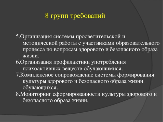 8 групп требований 5.Организация системы просветительской и методической работы с участниками образовательного процесса по вопросам здорового и безопасного образа жизни. 6.Организация профилактики употребления психоактивных веществ обучающимися. 7.Комплексное сопровождение системы формирования культуры здорового и безопасного образа жизни обучающихся. 8.Мониторинг сформированности культуры здорового и безопасного образа жизни.