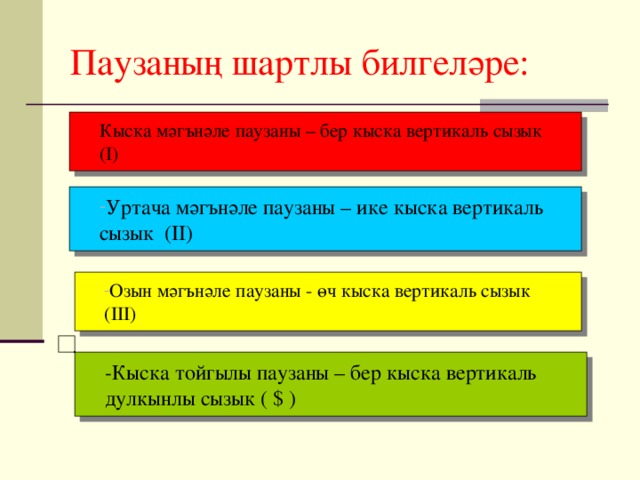 Паузаның шартлы билгеләре: Кыска мәгънәле паузаны – бер кыска вертикаль сызык (I) Уртача мәгънәле паузаны – ике кыска вертикаль сызык (II) Озын мәгънәле паузаны - өч кыска вертикаль сызык (III) -Кыска тойгылы паузаны – бер кыска вертикаль дулкынлы сызык ( $ )