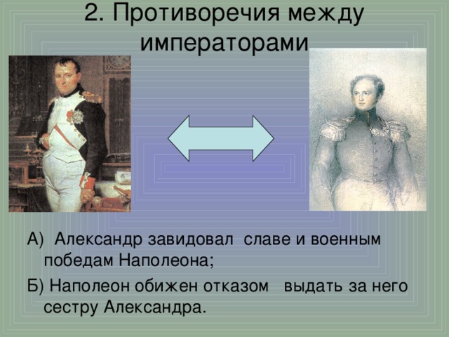 2. Противоречия между императорами А) Александр завидовал славе и военным победам Наполеона; Б) Наполеон обижен отказом выдать за него сестру Александра.