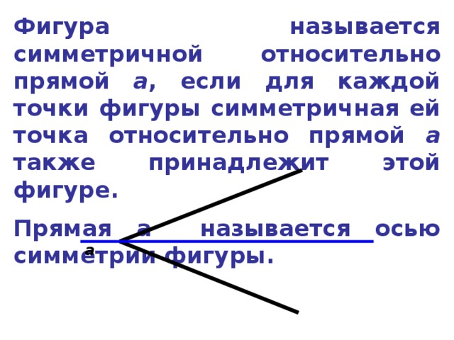 Фигура называется симметричной относительно прямой а , если для каждой точки фигуры симметричная ей точка относительно прямой а также принадлежит этой фигуре. Прямая а называется осью симметрии фигуры. а