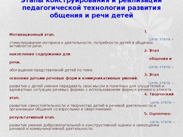 Этапы конструирования и реализации педагогической технологии развития общения и речи детей 1. Мотивационный этап.  Цель этапа – стимулирование интереса к деятельности, потребности детей в общении, активности речи. 2. Этап накопления содержания для  общения и речи.  Цель этапа – обогащение представлений детей по теме. 3. Этап освоения детьми речевых форм и коммуникативных умений.  Цель этапа – развитие у детей умения передавать свои мысли в понятных для слушателей и адекватных ситуации речевых формах с использованием формул речевого этикета. 4. Творческий этап.  Цель этапа – развитие самостоятельности и творчества детей в речевой деятельности и организации общения со взрослыми и сверстниками. 5. Оценочно-результативный этап.  Цель этапа – развитие умения доброжелательной и конструктивной оценки и самооценки речевой и коммуникативной деятельности.