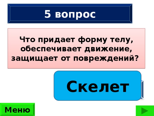 5 вопрос Что придает форму телу, обеспечивает движение, защищает от повреждений?  Сколько ног имеют 2 жука, 3 паука, 2 ужа, 3 чижа?  (42 ноги) Скелет ответ Меню