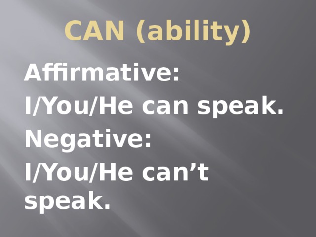 CAN (ability) Affirmative: I/You/He can speak. Negative: I/You/He can’t speak.