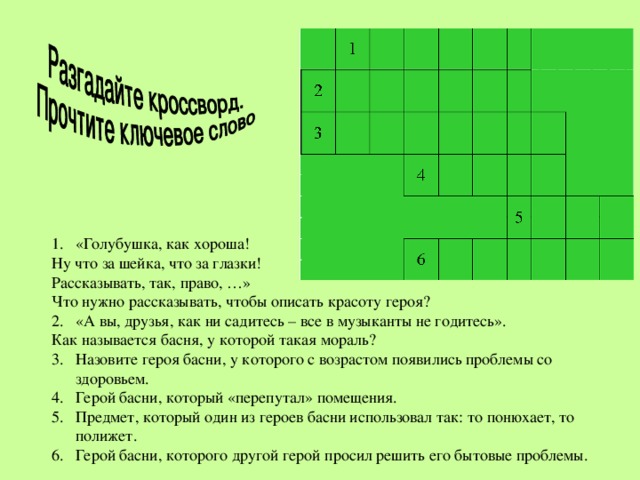 «Голубушка, как хороша! Ну что за шейка, что за глазки! Рассказывать, так, право, …» Что нужно рассказывать, чтобы описать красоту героя? «А вы, друзья, как ни садитесь – все в музыканты не годитесь». Как называется басня, у которой такая мораль? Назовите героя басни, у которого с возрастом появились проблемы со здоровьем. Герой басни, который «перепутал» помещения. Предмет, который один из героев басни использовал так: то понюхает, то полижет. Герой басни, которого другой герой просил решить его бытовые проблемы.