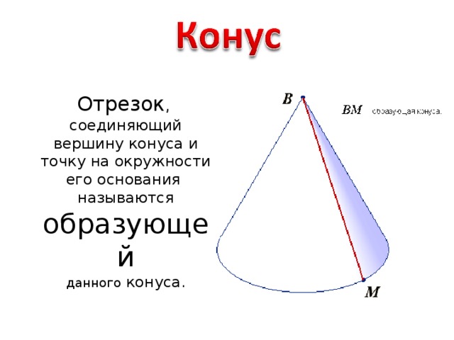 Отрезок , соединяющий вершину конуса и точку на окружности его основания называются образующей данного конуса.