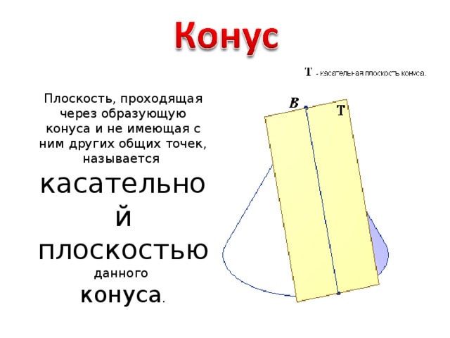 Плоскость, проходящая через образующую конуса и не имеющая с ним других общих точек, называется касательной плоскостью данного конуса .