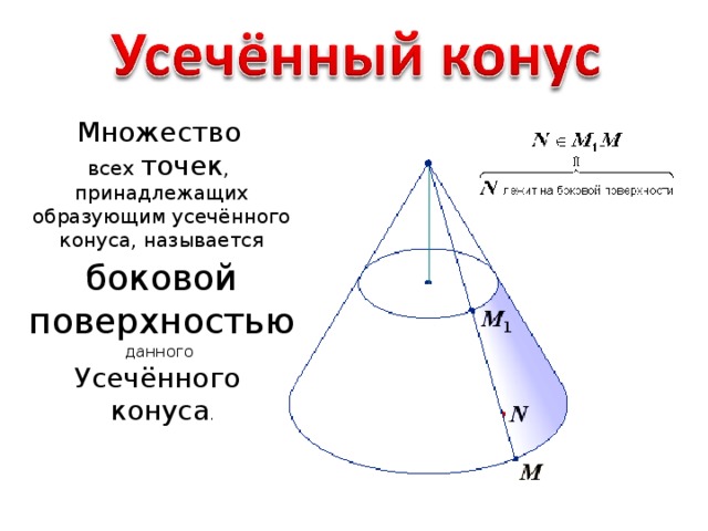 Множество  всех точек , принадлежащих образующим усечённого конуса, называется боковой  поверхностью данного Усечённого конуса .