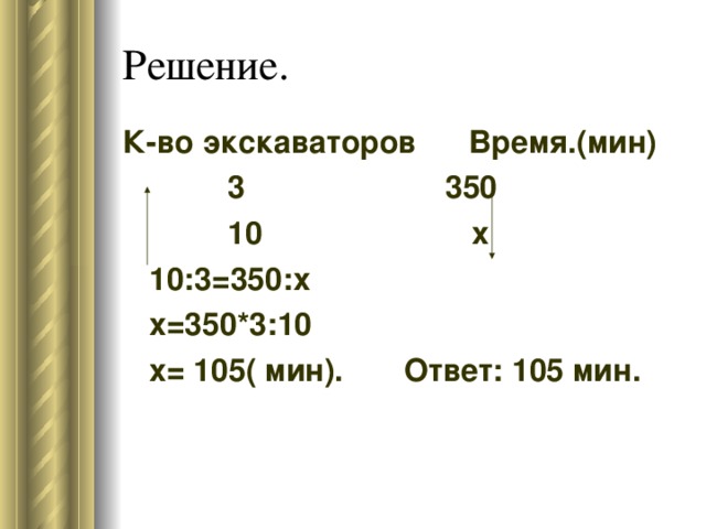 К-во экскаваторов Время.(мин)  3 350  10 х  10:3=350:х  х=350*3:10  х= 105( мин). Ответ: 105 мин.