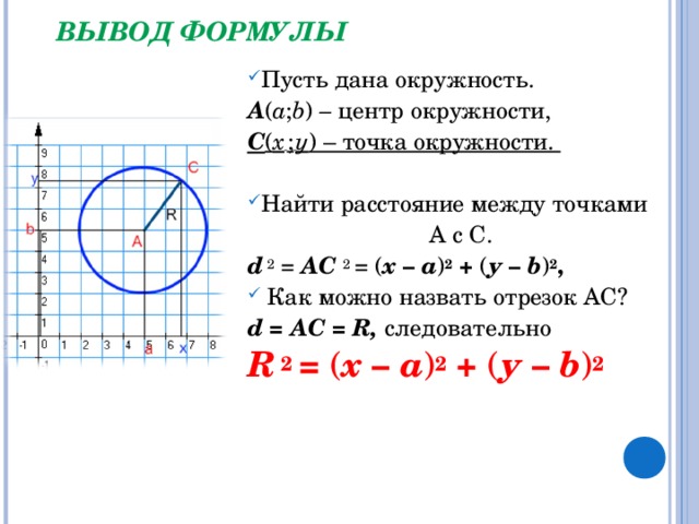 ВЫВОД ФОРМУЛЫ Пусть дана окружность. А ( а ; b ) – центр окружности, С ( х  ;  у ) – точка окружности.  Найти расстояние между точками А с С. d  2 = АС 2  = ( х – а ) 2  + ( у –  b ) 2 ,  Как можно назвать отрезок АС? d = АС = R ,  следовательно R  2  = ( х – а ) 2  + ( у –  b ) 2