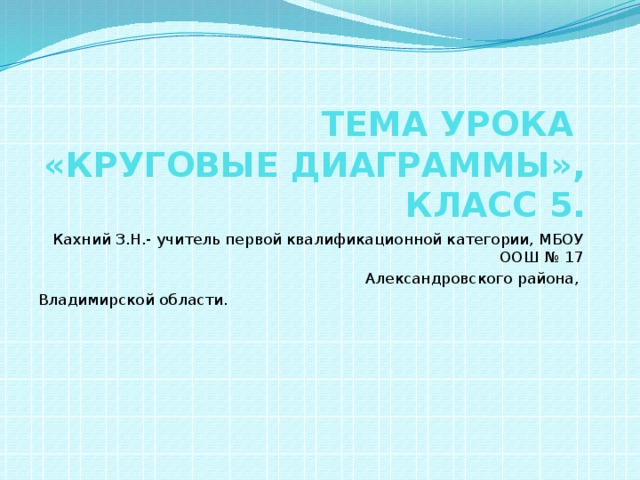 ТЕМА УРОКА  «КРУГОВЫЕ ДИАГРАММЫ»,  КЛАСС 5. Кахний З.Н.- учитель первой квалификационной категории, МБОУ ООШ № 17 Александровского района, Владимирской области.