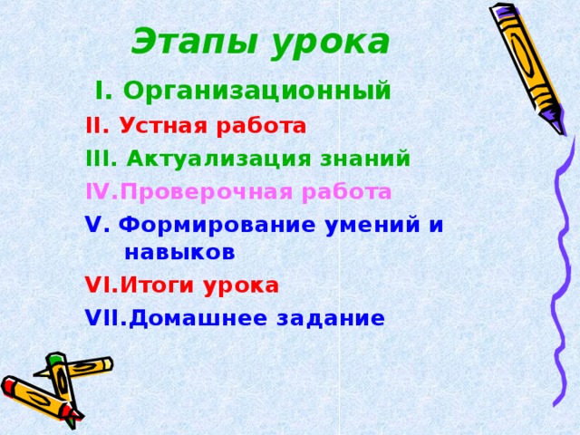 Этапы урока   I. Организационный II. Устная работа II. Устная работа III. Актуализация знаний III. Актуализация знаний IV.Проверочная работа IV.Проверочная работа V. Формирование умений и навыков V. Формирование умений и навыков VI.Итоги урока VI.Итоги урока VII.Домашнее задание VII.Домашнее задание