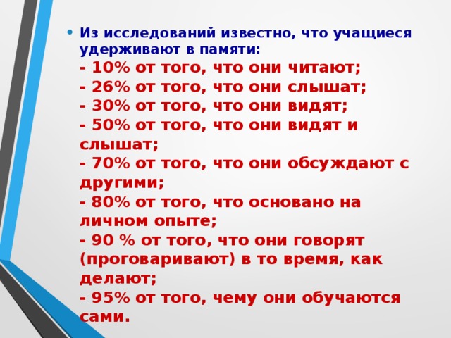 Из исследований известно, что учащиеся удерживают в памяти:   - 10% от того, что они читают;   - 26% от того, что они слышат;   - 30% от того, что они видят;   - 50% от того, что они видят и слышат;   - 70% от того, что они обсуждают с другими;   - 80% от того, что основано на личном опыте;   - 90 % от того, что они говорят (проговаривают) в то время, как делают;   - 95% от того, чему они обучаются сами.  