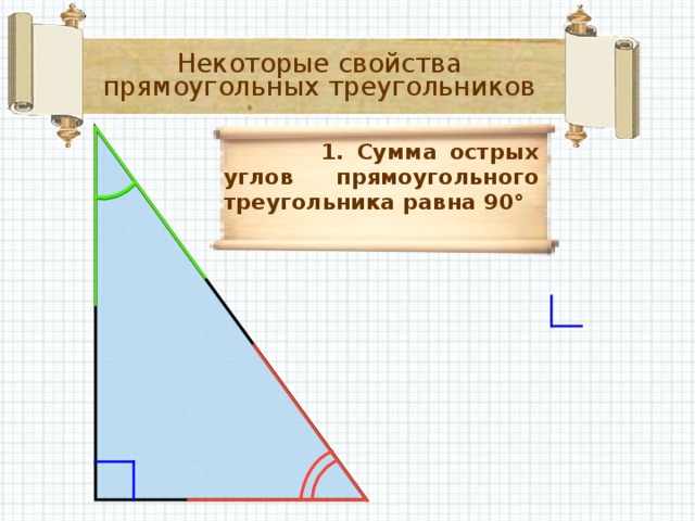 Некоторые свойства прямоугольных треугольников  1. Сумма острых углов прямоугольного треугольника равна 90°