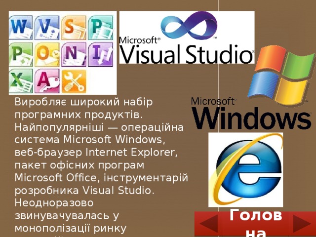 Виробляє широкий набір програмних продуктів. Найпопулярніші — операційна система Microsoft Windows, веб-браузер Internet Explorer, пакет офісних програм Microsoft Office, інструментарій розробника Visual Studio. Неодноразово звинувачувалась у монополізації ринку операційних систем та некоректному поводженні із конкурентами. Головна