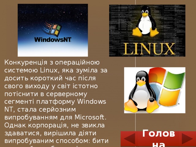 Конкуренція з операційною системою Linux, яка зуміла за досить короткий час після свого виходу у світ істотно потіснити в серверному сегменті платформу Windows NT, стала серйозним випробуванням для Microsoft. Однак корпорація, не звикла здаватися, вирішила діяти випробуваним способом: бити ворога його зброєю. І ось … Так-так, з’явилася Microsoft Linux. Головна