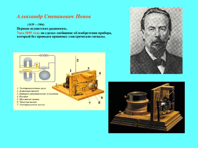 Александр Степанович Попов   (1859 – 1906)  Первым осуществил радиосвязь.  7мая 1895 года  он сделал сообщение об изобретении прибора, который без проводов принимал электрические сигналы.