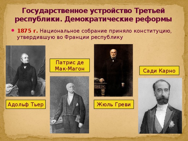 Государственное устройство Третьей республики. Демократические реформы 1875 г. Национальное собрание приняло конституцию, утвердившую во Франции республику Патрис де Мак-Магон Сади Карно Адольф Тьер Жюль Греви