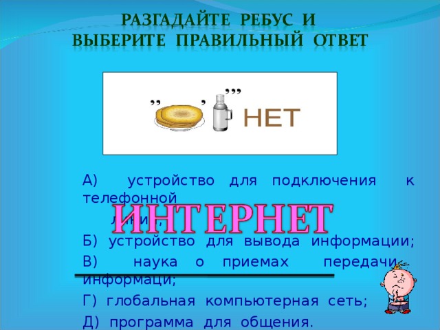 А) устройство для подключения к телефонной  линии; Б) устройство для вывода информации; В) наука о приемах передачи информаци; Г) глобальная компьютерная сеть; Д) программа для общения.