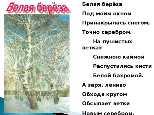 Белая берёза Под моим окном Принакрылась снегом, Точно серебром.  На пушистых ветках  Снежною каймой  Распустились кисти  Белой бахромой. А заря, лениво Обходя кругом Обсыпает ветки Новым серебром. С Есенин