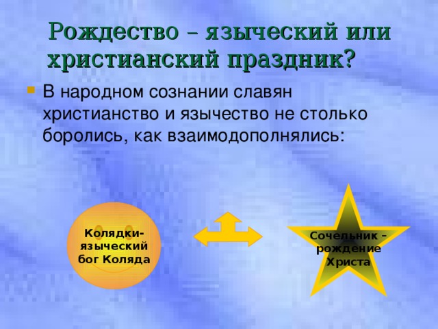 Рождество – языческий или христианский праздник? В народном сознании славян христианство и язычество не столько боролись, как взаимодополнялись: Сочельник –  рождение Христа Колядки- языческий бог Коляда