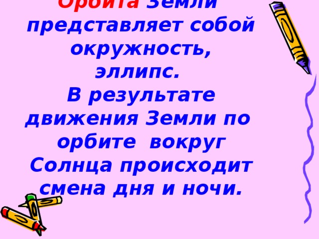 Орбита Земли представляет собой окружность, эллипс.  В результате движения Земли по орбите вокруг Солнца происходит смена дня и ночи.