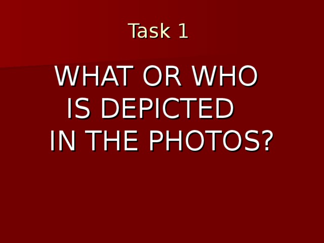 Task 1  WHAT OR WHO  IS DEPICTED  IN THE PHOTOS?