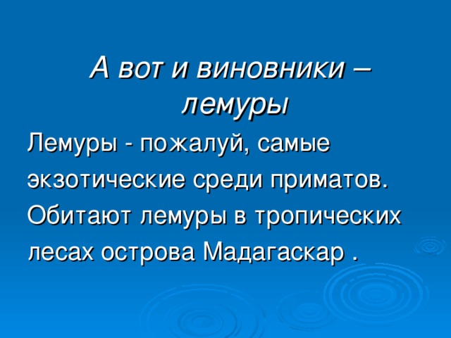 А вот и виновники – лемуры Лемуры - пожалуй, самые экзотические среди приматов. Обитают лемуры в тропических лесах острова Мадагаскар .