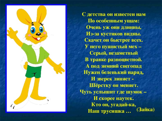 С детства он известен нам  По особенным ушам:  Очень уж они длинны,  Из-за кустиков видны.  Скачет он быстрее всех.  У него пушистый мех –   Серый, незаметный  В травке разноцветной.  А под зимний снегопад  Нужен беленький наряд,  И зверек линяет -    Шёрстку он меняет.  Чуть услышит где шумок –   И скорее наутек.  Кто он, угадай-ка,  Наш трусишка …         (Зайка) 