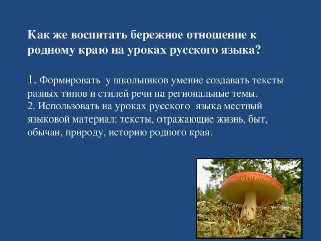 Как же воспитать бережное отношение к родному краю на уроках русского языка?   1. Формировать у школьников умение создавать тексты разных типов и стилей речи на региональные темы.  2. Использовать на уроках русского языка местный языковой материал: тексты, отражающие жизнь, быт, обычаи, природу, историю родного края.