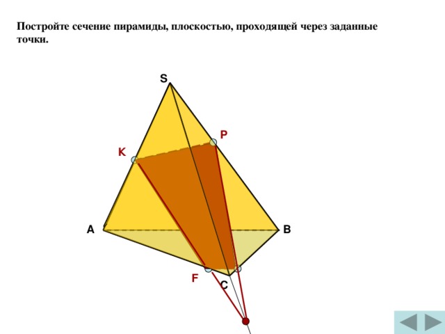 Постройте сечение пирамиды, плоскостью, проходящей через заданные точки. S Р К А В F С