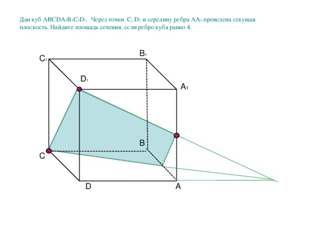 Дан куб ABCDA 1 B 1 C 1 D 1 . Через точки С, D 1 и середину ребра АА 1 проведена секущая плоскость. Найдите площадь сечения, если ребро куба равно 4. B 1 C 1 D 1 А 1 В С D А