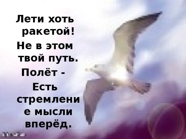 Лети хоть ракетой! Не в этом твой путь. Полёт - Есть стремление мысли вперёд.