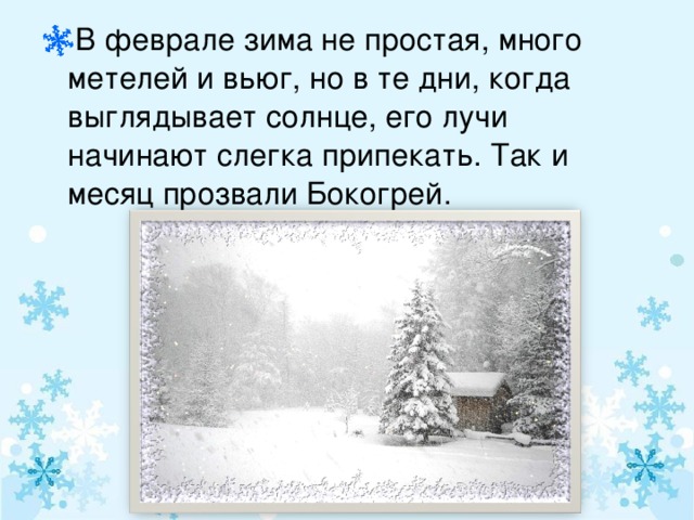 В феврале зима не простая, много метелей и вьюг, но в те дни, когда выглядывает солнце, его лучи начинают слегка припекать. Так и месяц прозвали Бокогрей.