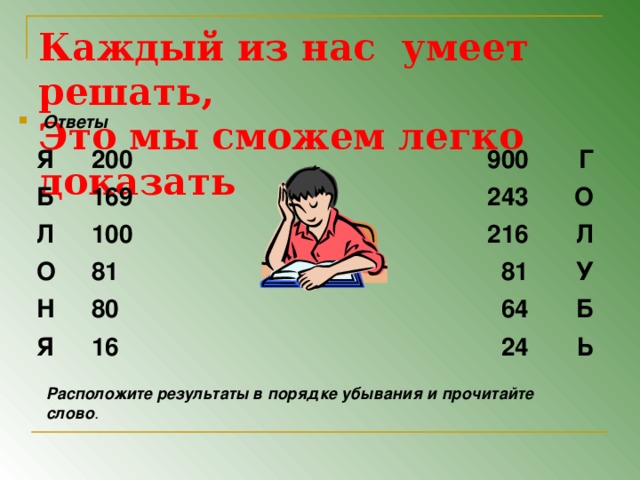 Каждый из нас умеет решать,  Это мы сможем легко доказать Ответы  Я 200 Б 169 Л 900 О 100 243 Г О 81 216 Н Я 80 Л 81 У 16 64 Б 24 Ь Расположите результаты в порядке убывания и прочитайте слово .