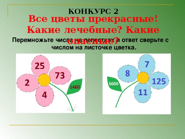 КОНКУРС 2 Все цветы прекрасные! Какие лечебные? Какие опасные? Перемножьте числа на лепестках и ответ сверьте с числом на листочке цветка.