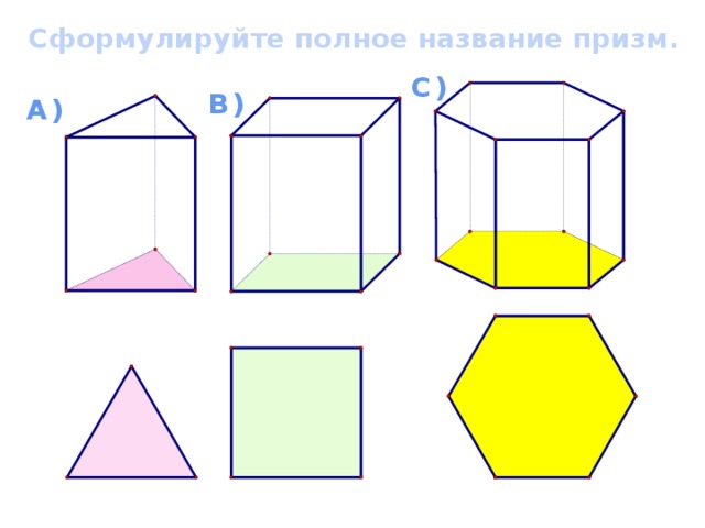 Сформулируйте полное название призм. C) B) A)