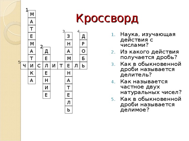 Кроссворд 1 М А Т 4 3 Наука, изучающая действия с числами? Из какого действия получается дробь? Как в обыкновенной дроби называется делитель? Как называется частное двух натуральных чисел? Как в обыкновенной дроби называется делимое? Е Д З М Р Н 2 А О А Д Т М Б Е 5 С Ь Л Е И Ч Т И Л Е Н К Н А А И Т Е Е Л Ь