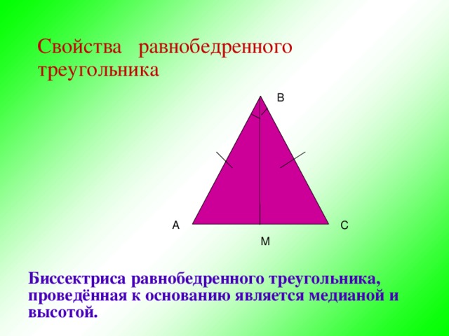 Свойства равнобедренного треугольника В А С М Биссектриса равнобедренного треугольника, проведённая к основанию является медианой и высотой.
