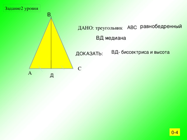 Задание2 уровня B равнобедренный ДАНО: треугольник АВС ВД медиана ВД- биссектриса и высота ДОКАЗАТЬ: C A Д 0-4