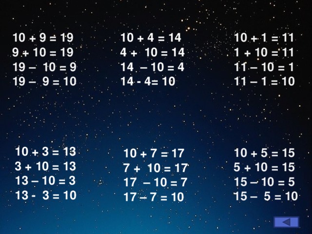 10 + 9 = 19 9 + 10 = 19 19 – 10 = 9 19 – 9 = 10 10 + 4 = 14 4 + 10 = 14 14 – 10 = 4 14 - 4= 10 10 + 1 = 11 1 + 10 = 11 11 – 10 = 1 11 – 1 = 10 10 + 3 = 13 3 + 10 = 13 13 – 10 = 3 13 - 3 = 10 10 + 5 = 15 5 + 10 = 15 15 – 10 = 5 15 – 5 = 10 10 + 7 = 17 7 + 10 = 17 17 – 10 = 7 17 – 7 = 10 2