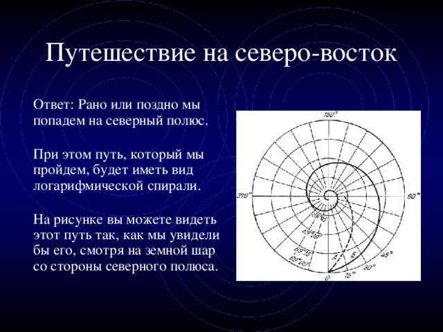 Путешествие на северо-восток  Ответ: Рано или поздно мы попадем на северный полюс.  При этом путь, который мы пройдем, будет иметь вид логарифмической спирали.  На рисунке вы можете видеть этот путь так, как мы увидели бы его, смотря на земной шар со стороны северного полюса.