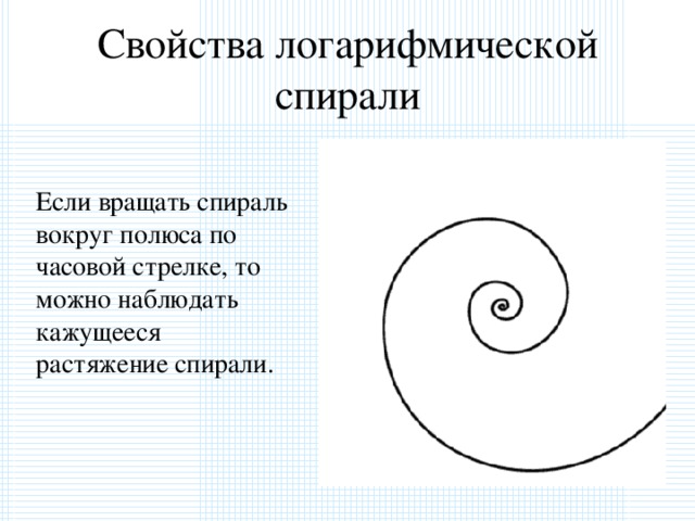 Свойства логарифмической спирали  Если вращать спираль вокруг полюса по часовой стрелке, то можно наблюдать кажущееся растяжение спирали.